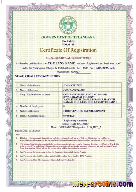 India Telangana certificate of registration